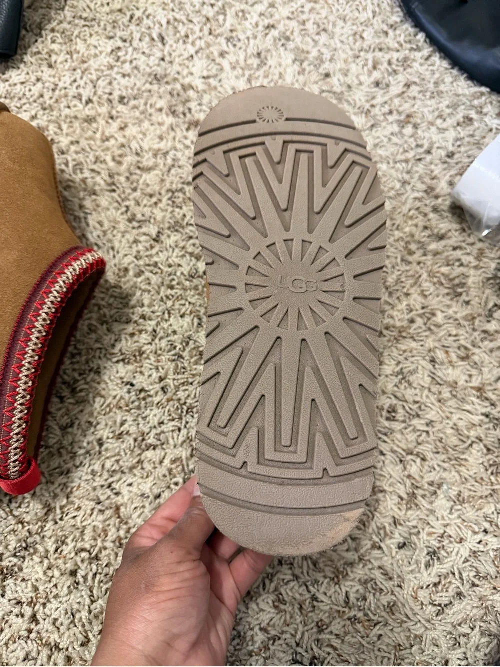 UGG Chestnut Suede Slip-On Mules with Red Knit Trim